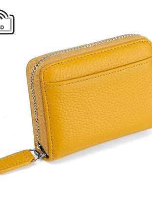 RFID leather card wallet made from first layer cowhide with multi-card storage capacity.