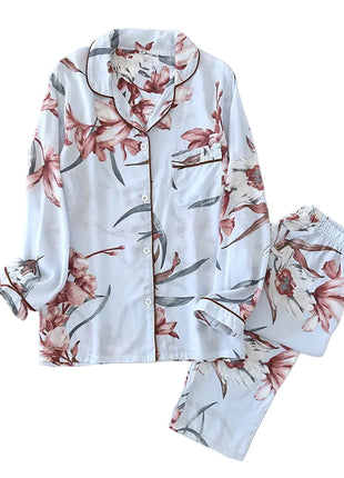 Rayon Silk V-Neck Long Sleeve Pyjama Set Blue Lily BLNDL