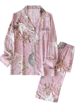 Rayon Silk V-Neck Long Sleeve Pyjama Set Pink Swan BLNDL