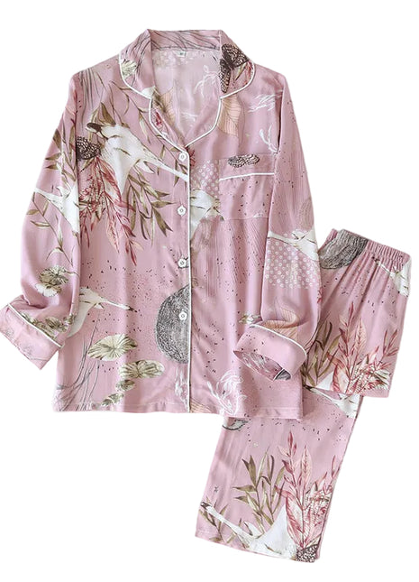 Rayon Silk V-Neck Long Sleeve Pyjama Set Pink Swan BLNDL