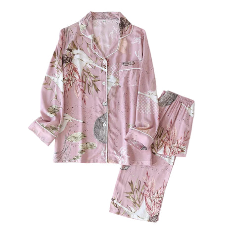 Rayon Silk V-Neck Long Sleeve Pyjama Set Pink Swan BLNDL