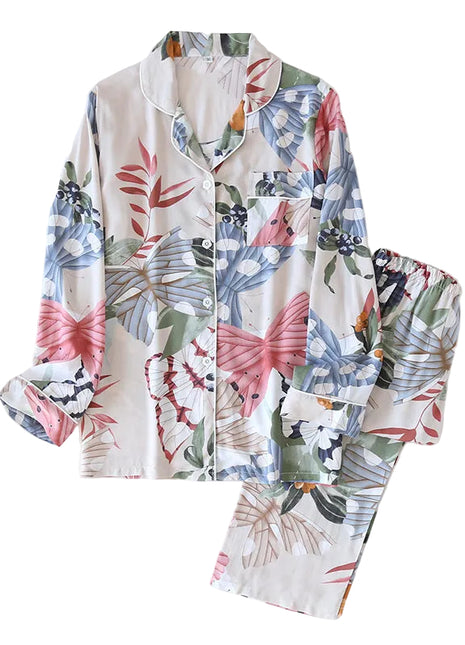 Rayon Silk V-Neck Long Sleeve Pyjama Set White Butterfly