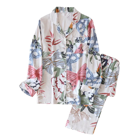 Rayon Silk V-Neck Long Sleeve Pyjama Set White Butterfly