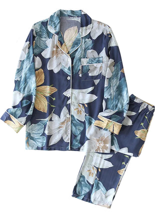 Rayon Silk V-Neck Long Sleeve Pyjama Set White Dark Blue Lily
