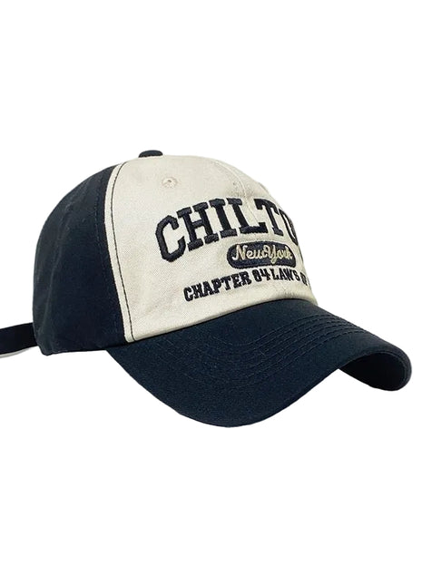 Retro colorblock baseball cap with text on a white background