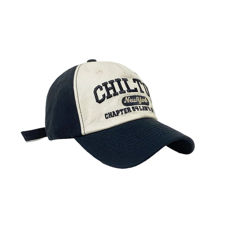 Retro colorblock baseball cap with text on a white background