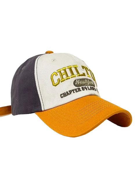 Retro colorblock baseball cap with text on a white background