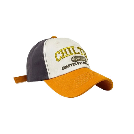 Retro colorblock baseball cap with text on a white background