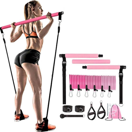 Woman using a pink pull-up bar with various fitness equipment on a white background