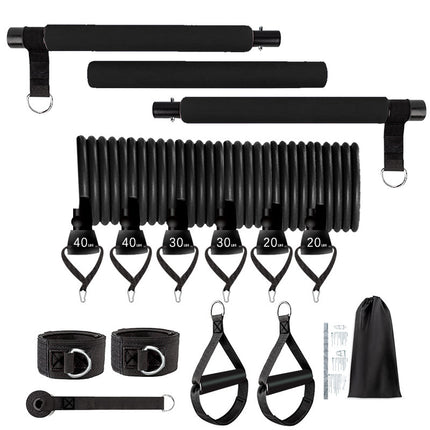 Black resistance band set with various components on a white background