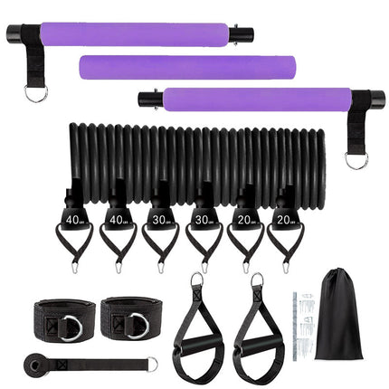 Collection of fitness equipment including resistance bands and handles on a white background
