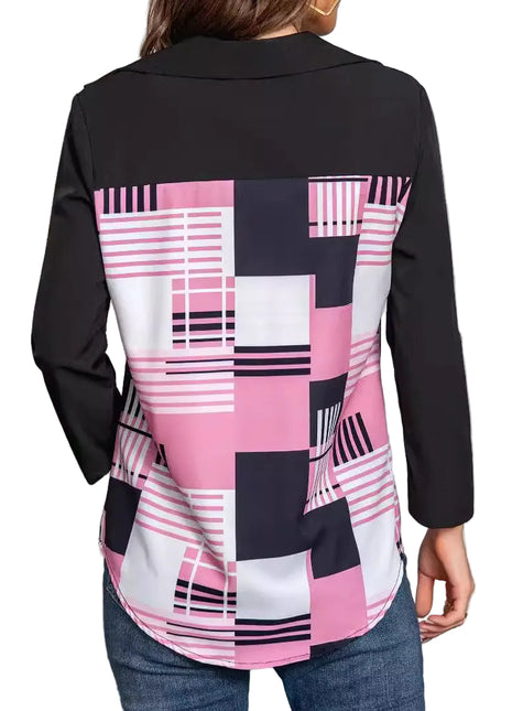 Rose red commuter blouse with three-quarter sleeves, geometric print, and a comfortable regular fit.