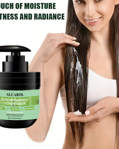 Woman applying ALCAROL Strengthening Conditioner to her hair with text highlighting product benefits.