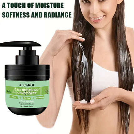 Woman applying ALCAROL Strengthening Conditioner to her hair with text highlighting product benefits.