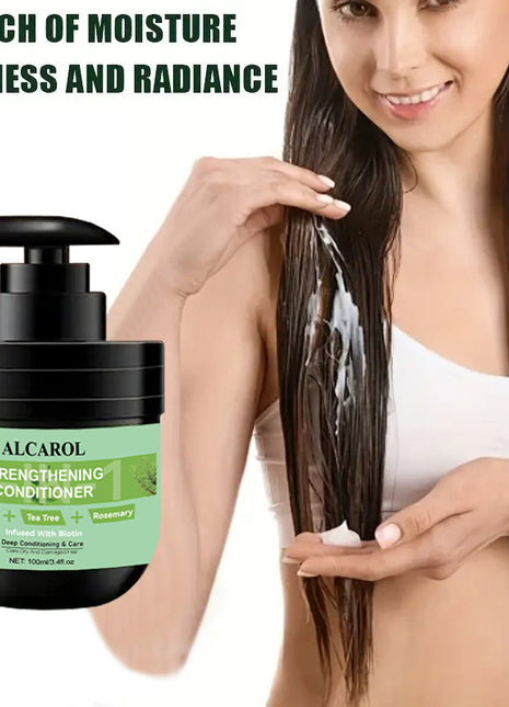 Woman applying ALCAROL Strengthening Conditioner to her hair with text highlighting product benefits.