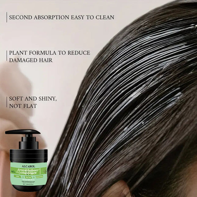 Hair care product with text highlighting benefits on a close-up of hair.