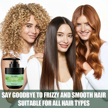 Three women with different hair types holding a bottle of Alcador hair product, with text promoting its suitability for all hair types.