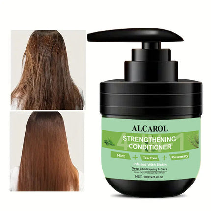 Alcarol Strengthening Conditioner jar with images of long hair on a white background