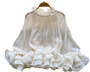 Ruffled-Edge Shirt with Pearl Accents