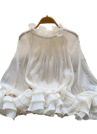 Ruffled-Edge Shirt with Pearl Accents
