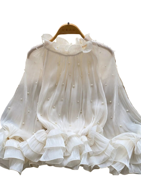 Ruffled-Edge Shirt with Pearl Accents