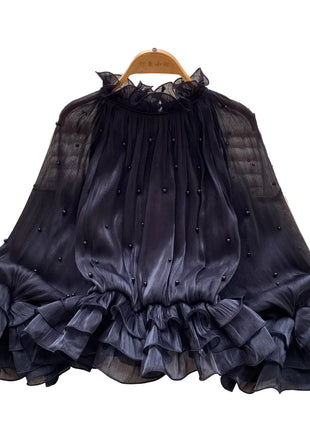 Ruffled-Edge Shirt with Pearl Accents Black
