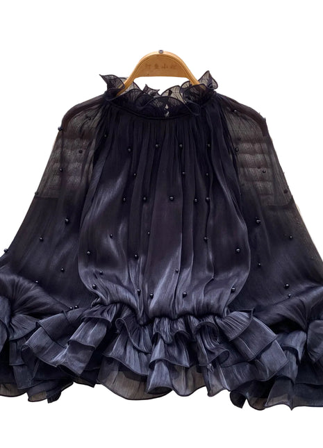 Ruffled-Edge Shirt with Pearl Accents Black