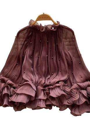 Ruffled-Edge Shirt with Pearl Accents Brown