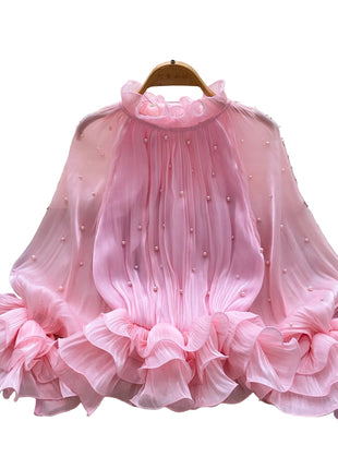 Ruffled-Edge Shirt with Pearl Accents Pink