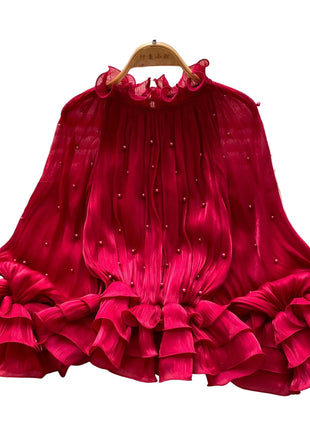 Ruffled-Edge Shirt with Pearl Accents Red