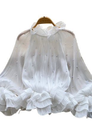 Ruffled-Edge Shirt with Pearl Accents White