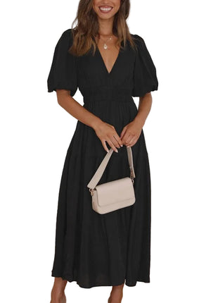 Black Vacation Dress with Feminine Ruffle Detail