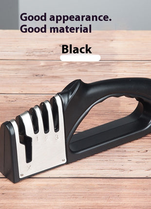 Black knife sharpener on a wooden surface with text 'Good appearance. Good material' and 'Black'.