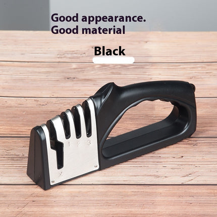 Black knife sharpener on a wooden surface with text 'Good appearance. Good material' and 'Black'.