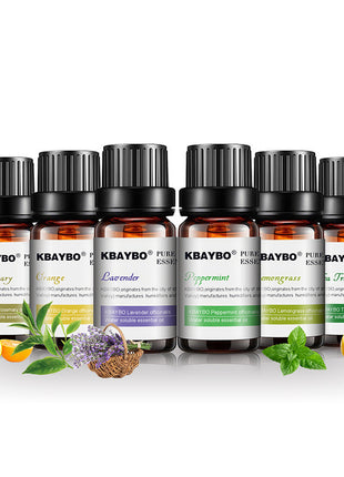 Set of KBAYBO essential oil bottles with labels on a white background