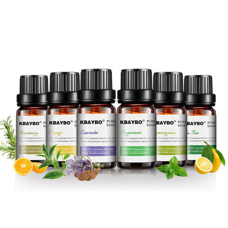 Set of KBAYBO essential oil bottles with labels on a white background