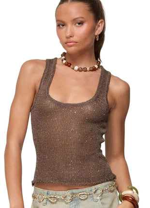 Shiny Deep U Sheer Tank Top apricot blndl brown