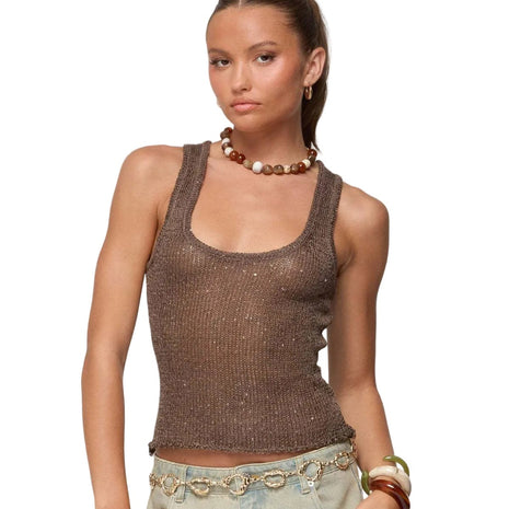 Shiny Deep U Sheer Tank Top apricot blndl brown