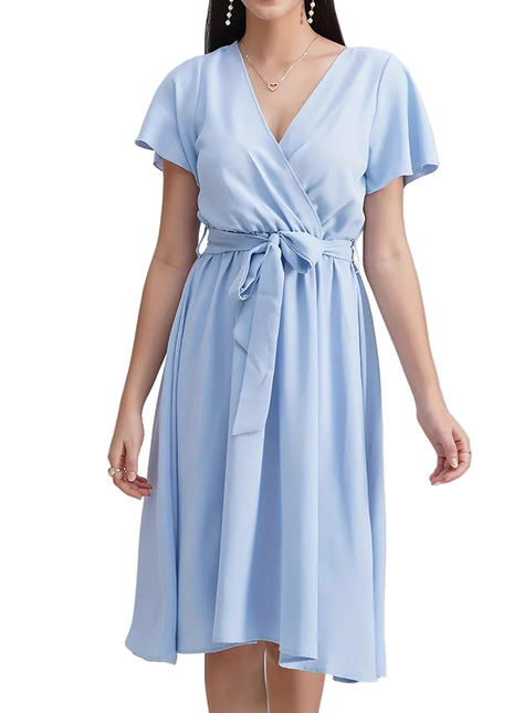 Versatile Light Blue Cross Collar Maxi Dress
