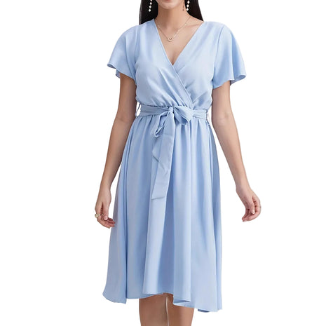 Versatile Light Blue Cross Collar Maxi Dress