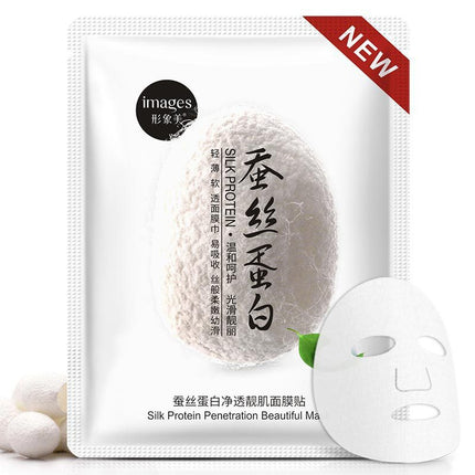 Silk protein facial mask packaging with 'NEW' label on a white background