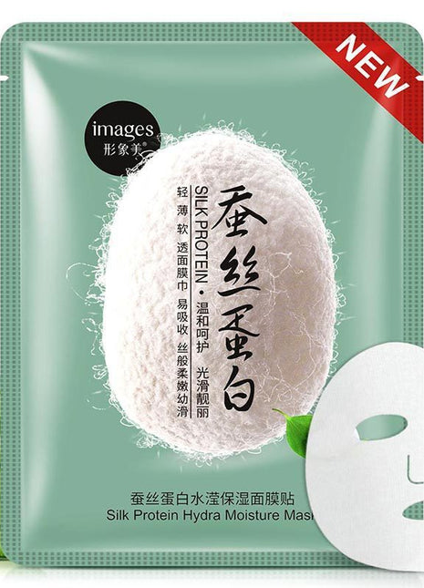 Silk protein hydra moisture mask packaging with aloe vera slices on a white background