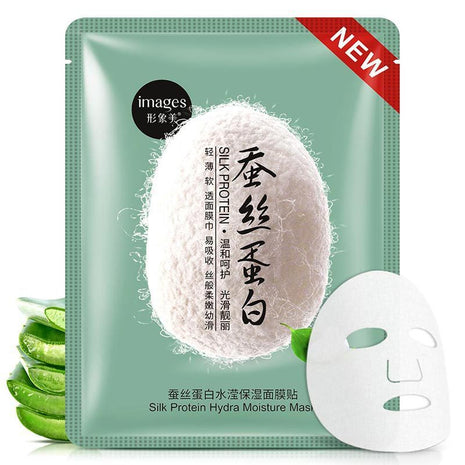 Silk protein hydra moisture mask packaging with aloe vera slices on a white background