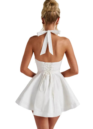 Sleeveless halter summer dress for women with lightweight polyester fabric and romantic styling.