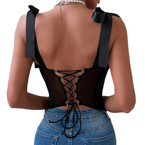 Slim-fit black sequin bustier with sparkling embellishments and a stylish backless silhouette.