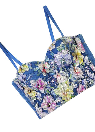 Slim-fit cotton denim bustier with a floral pattern and detachable double-connector straps.