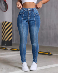 Slim Fit Patchwork Denim Jeans Exposed Seams Dark Blue - BLNDL