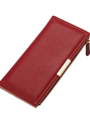 Slim women's zipper wallet featuring spacious organization and modern design.