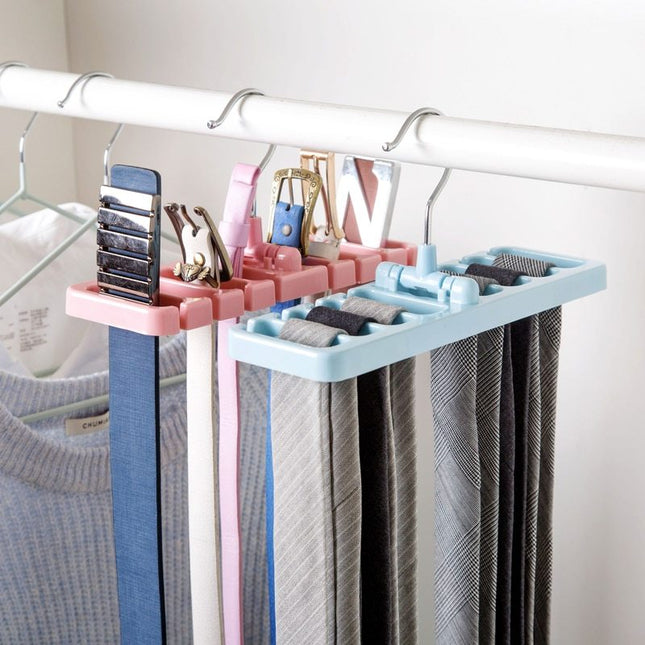 Clothing organizer with multiple hooks holding various items on a rack.