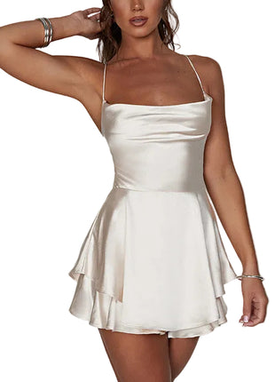 Socialite style party dress for women with backless design and sophisticated short length.